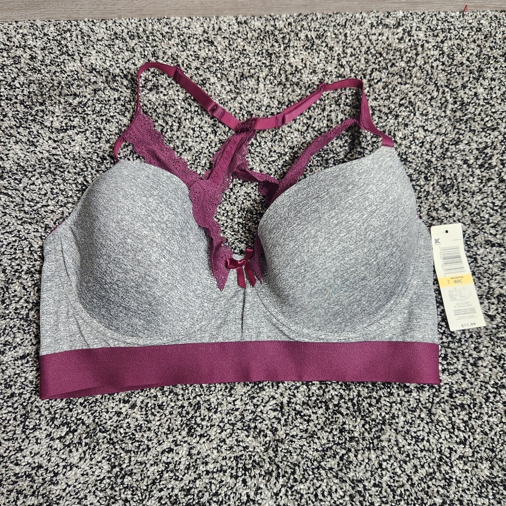 Vtg Joe Boxer Lace Front Strappy Bra Women Size 40C Racerback Gray Burgundy Nwt